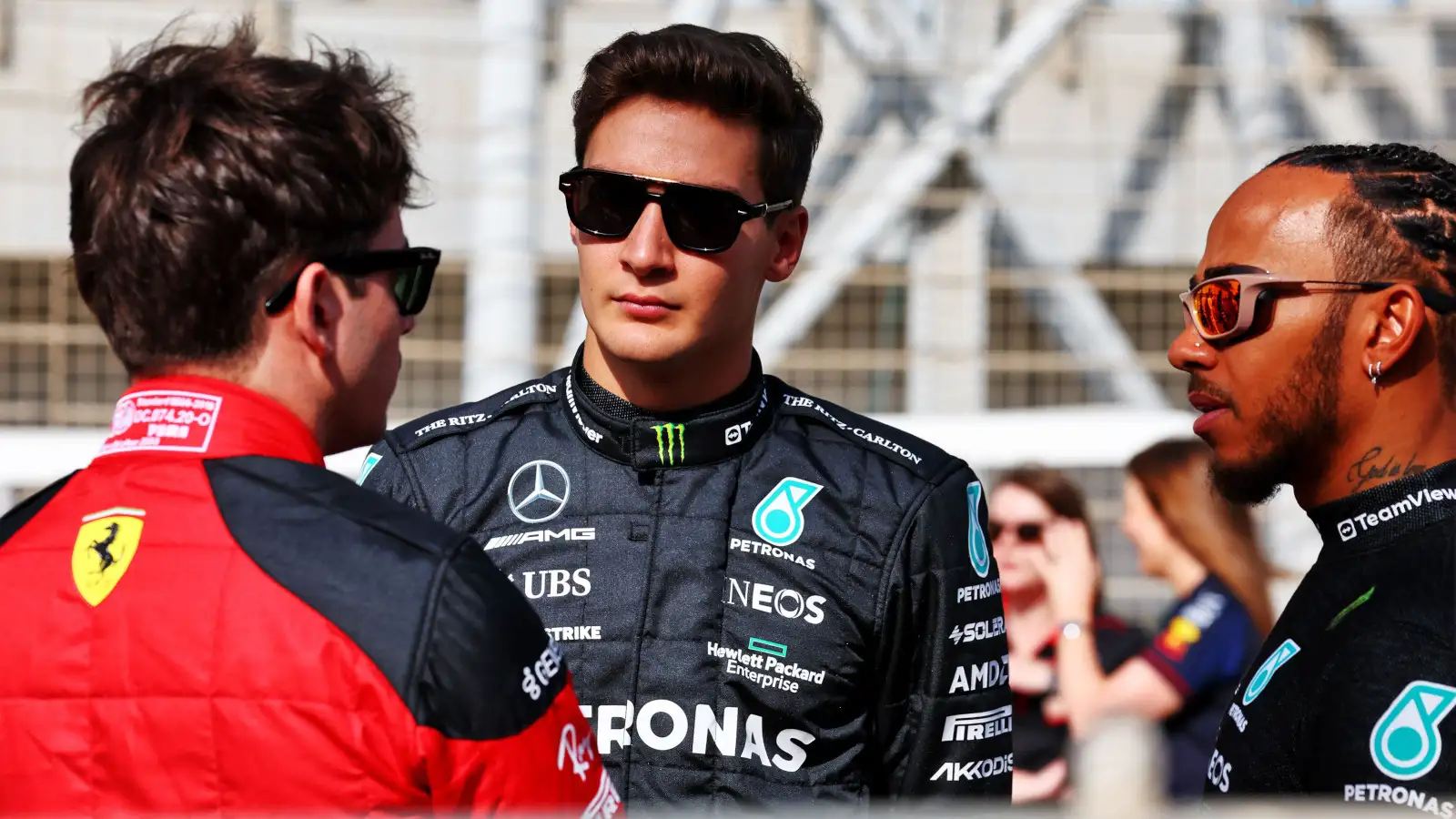 Charles Leclerc, George Russell and Lewis Hamilton having a chat. Bahrain February 2023