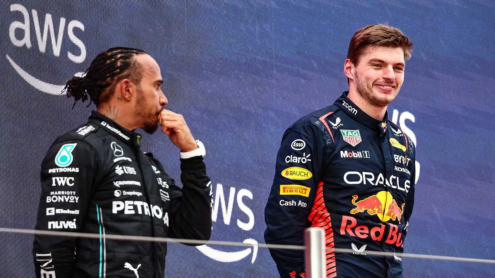 Lewis Hamilton and Max Verstappen share the podium in Spain. June 2023