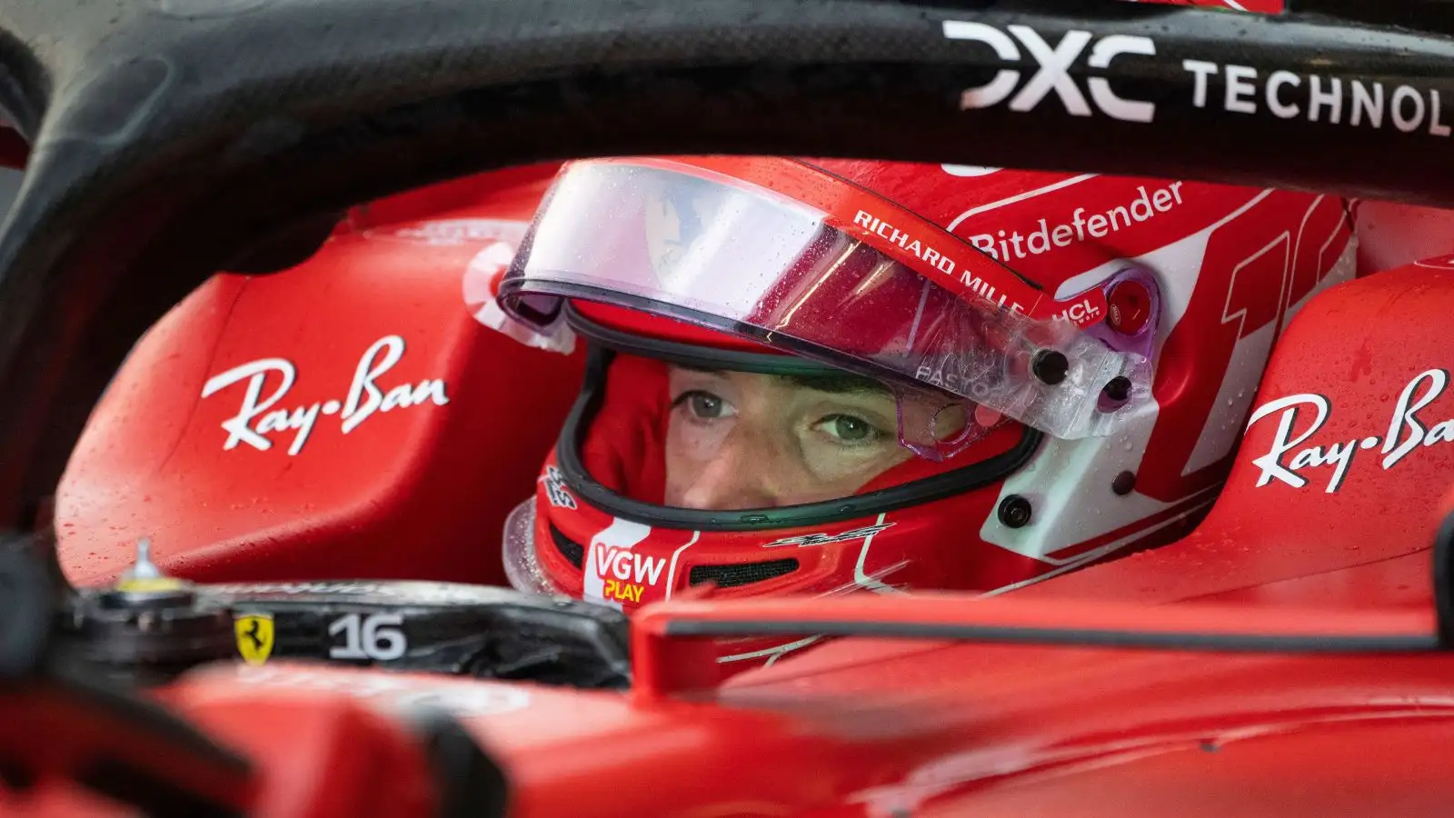 Ferrari driver Charles Leclerc looks on from the cockpit during Friday practice at the Canadian Grand Prix. Montreal, June 2023.