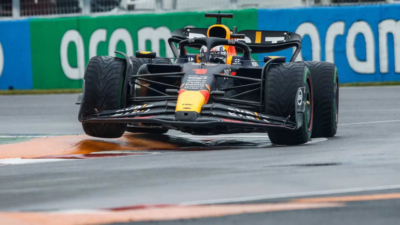 Max Verstappen rounds the final chicane in qualifying. Montreal June 2023.