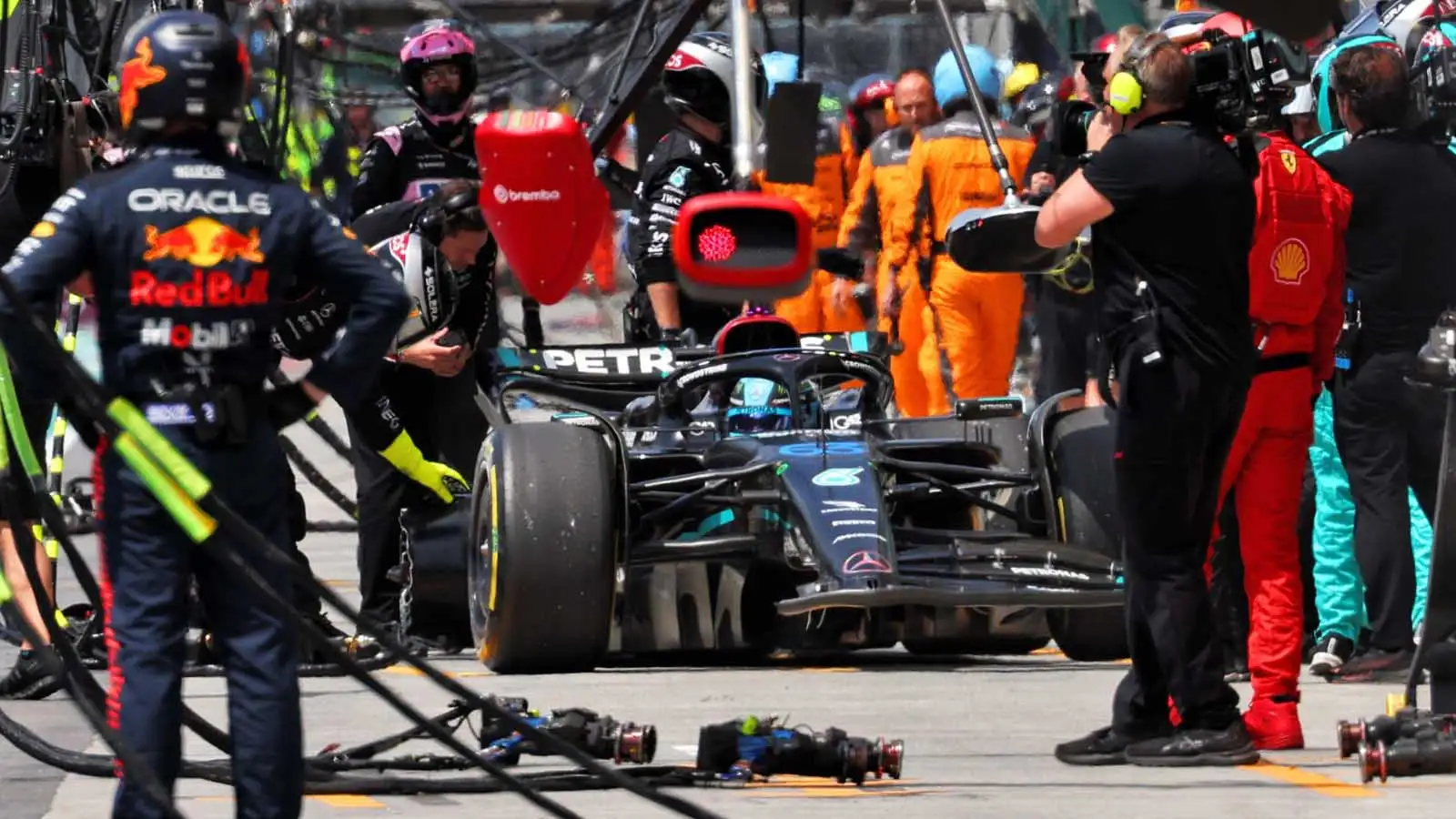 George Russell pits with damage. Canada June 2023.