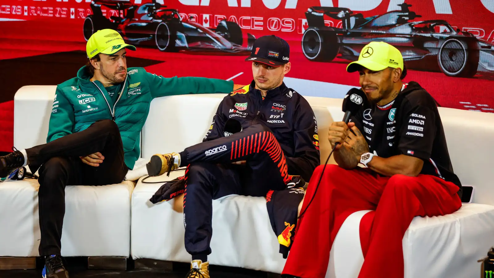 Race winner Max Verstappen on the press conference couch with Fernando Alonso and Lewis Hamilton. Canada June 2023