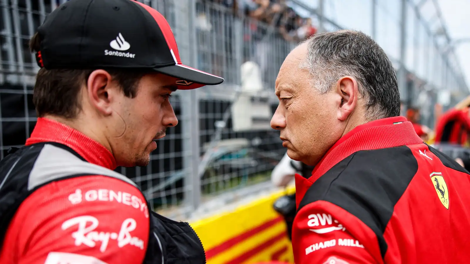 Charles Leclerc and Fred Vasseur speaking on the grid. Canada June 2023