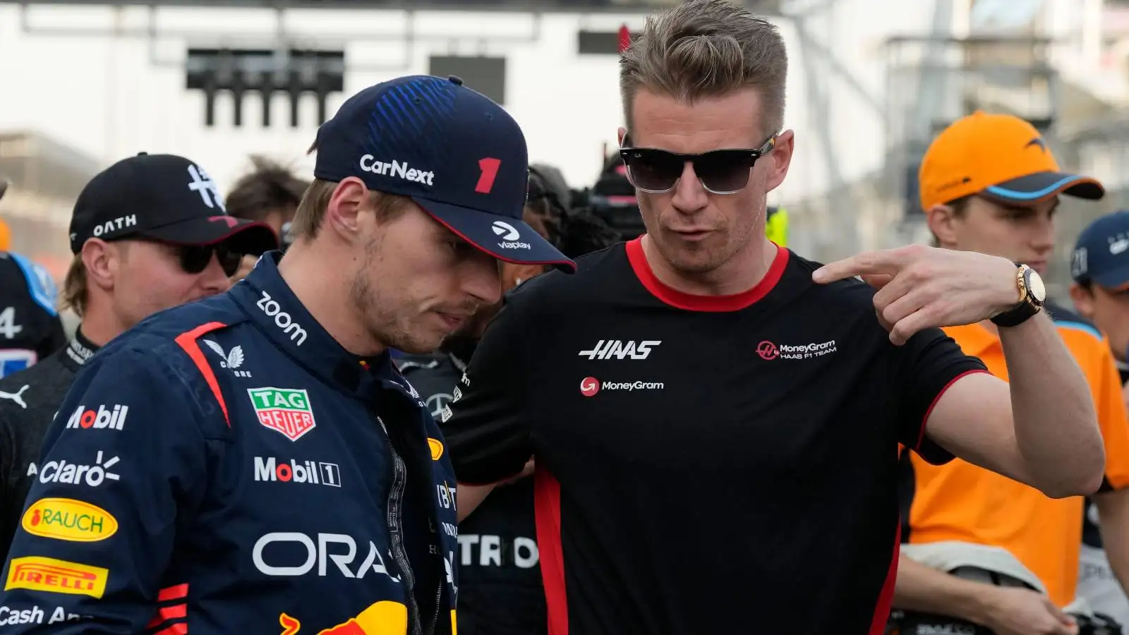 Max Verstappen, Red Bull and Nico Hulkenberg, Haas, talk. Bahrain, March 2023.