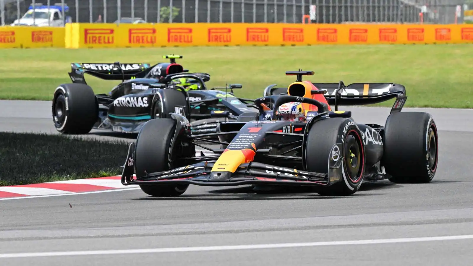Red Bull driver Max Verstappen followed by Mercedes driver Lewis Hamilton. Canada June 2023.