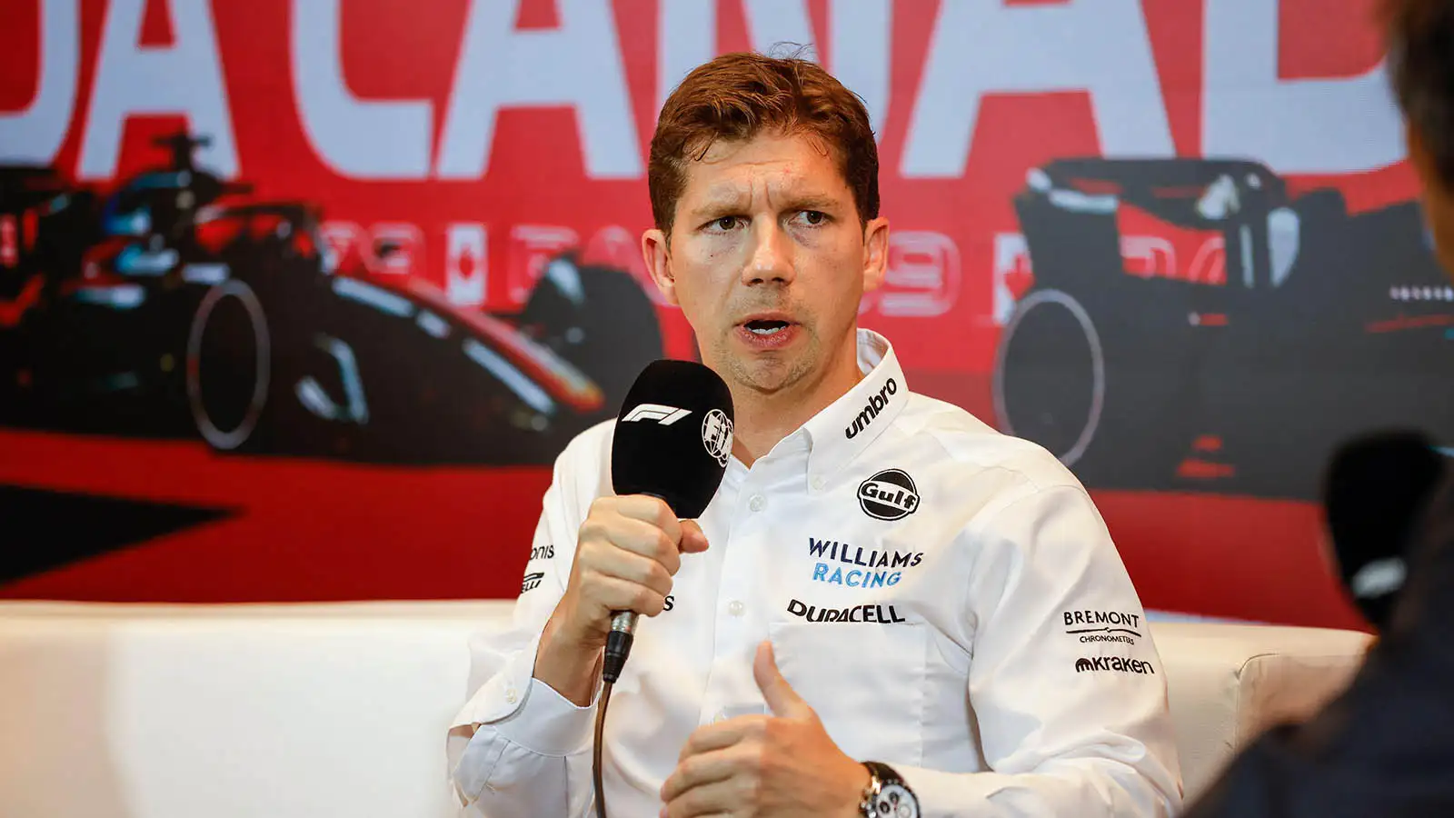 James Vowles, Williams boss, speaks to the press in Canada. June 2023