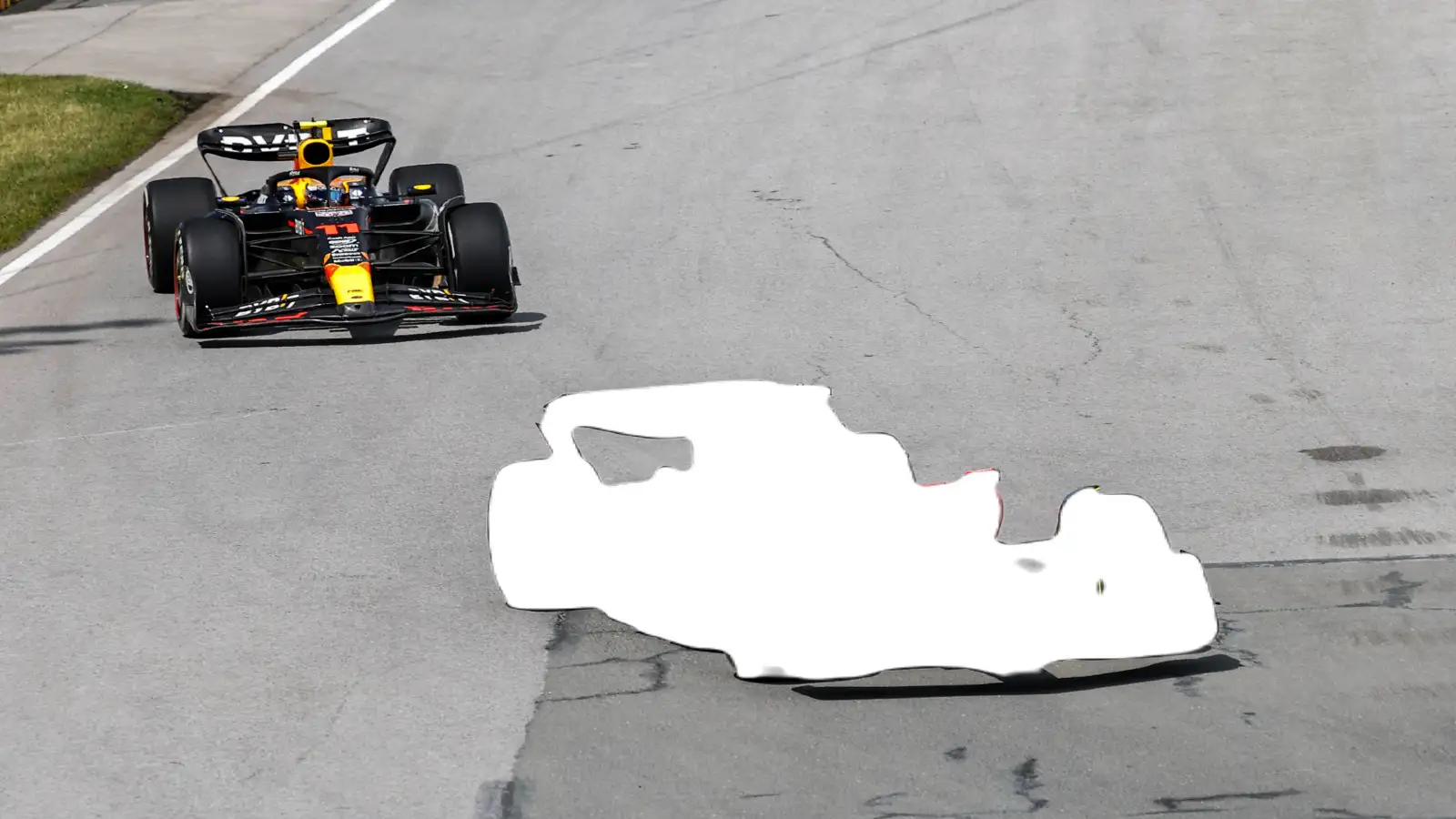 Ferrari's Carlos Sainz leads Red Bull's Sergio Perez at the Canadian Grand Prix. Montreal, June 2023. Ghost cars