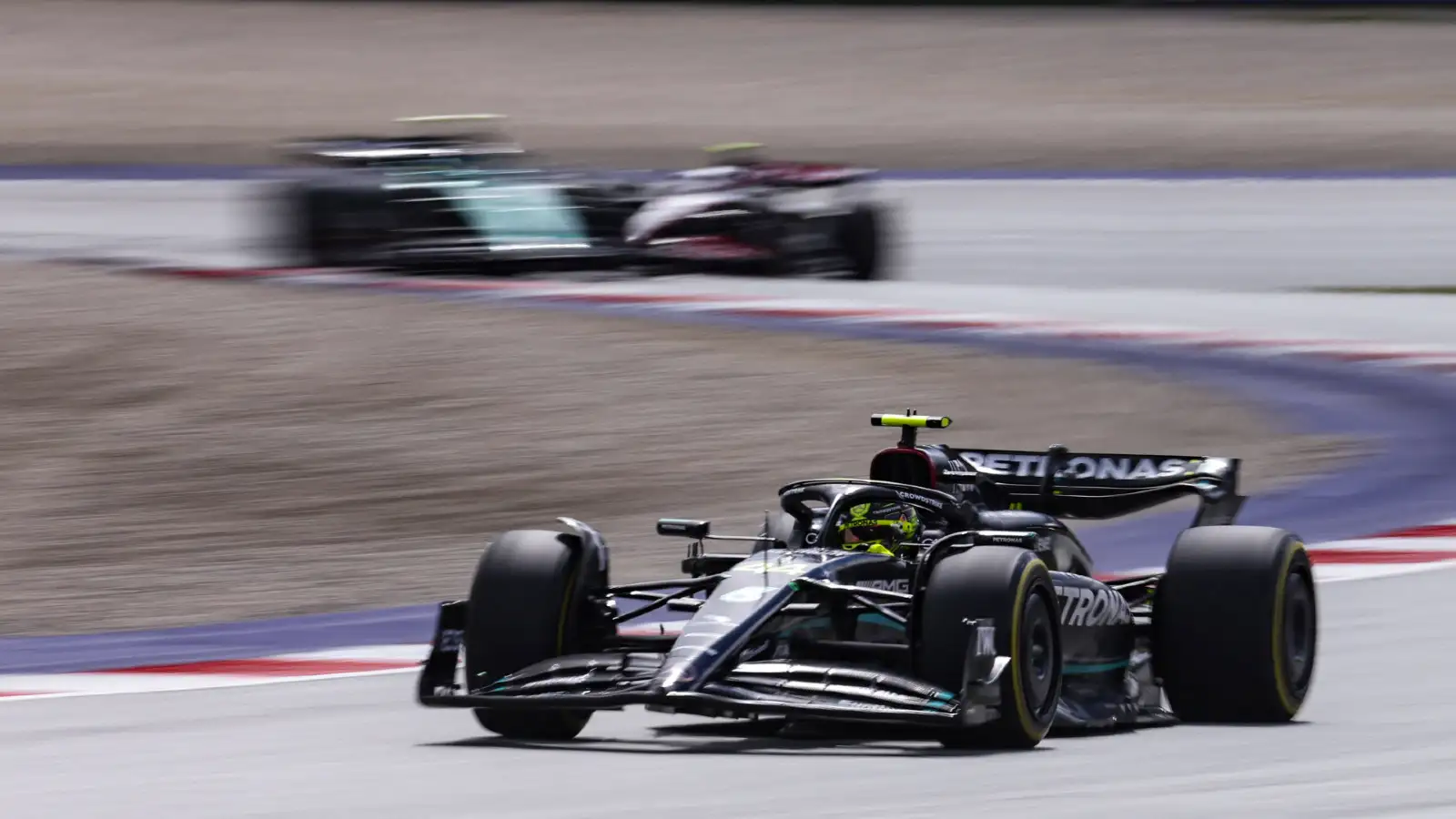 Mercedes' Lewis Hamilton in action at the Austrian Grand Prix. Spielberg, July 2023. Toto Wolff
