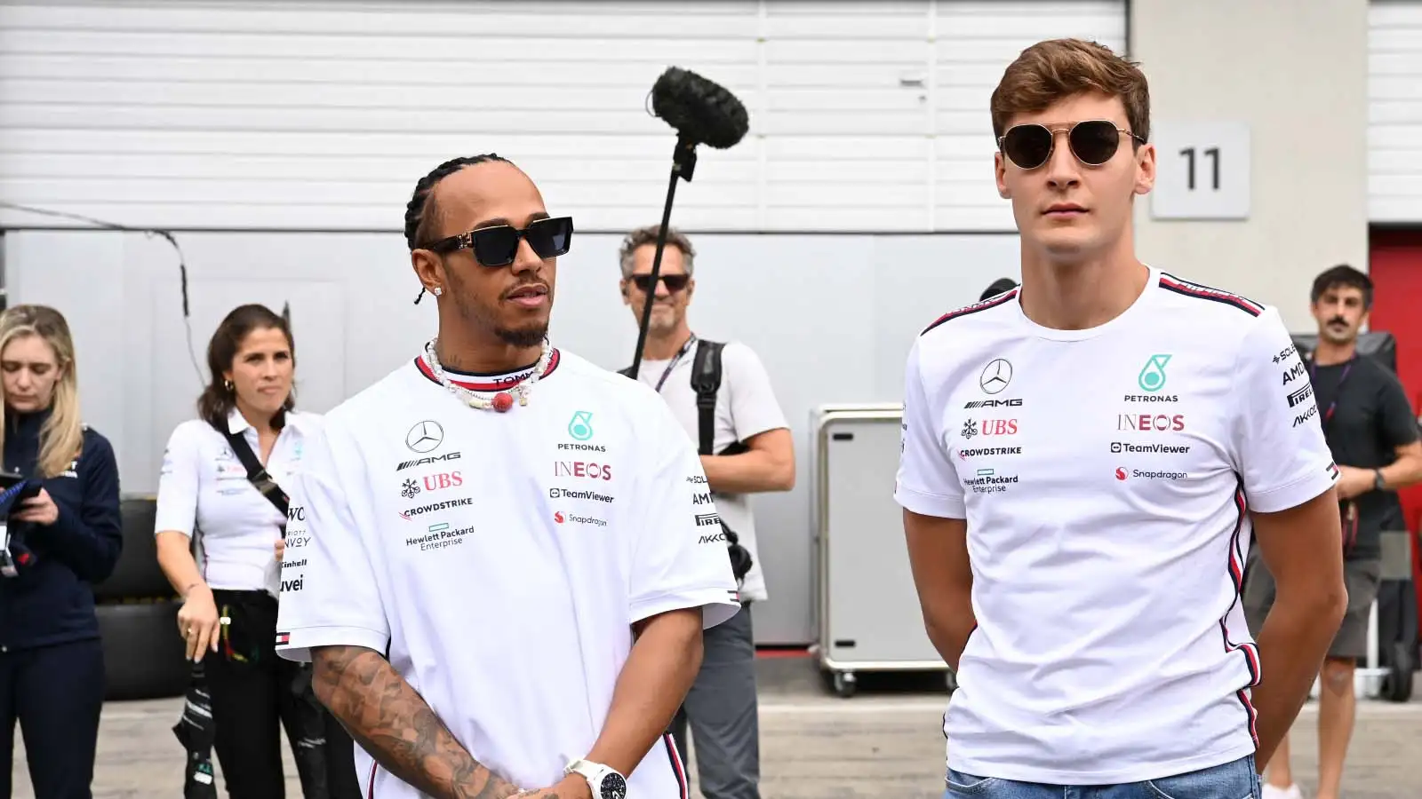 Mercedes drivers Lewis Hamilton and George Russell. Austria July 2023.