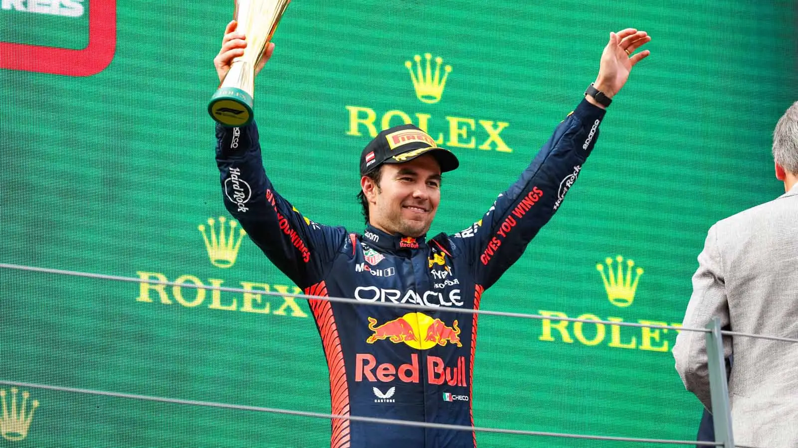 Sergio Perez on the podium in Austria. July 2023.