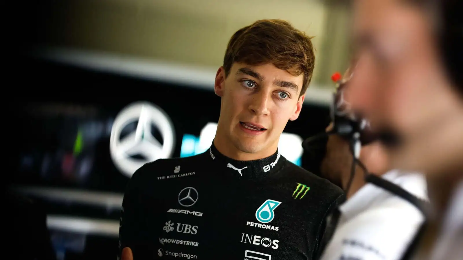 George Russell in the Mercedes garage. Austria July 2023.