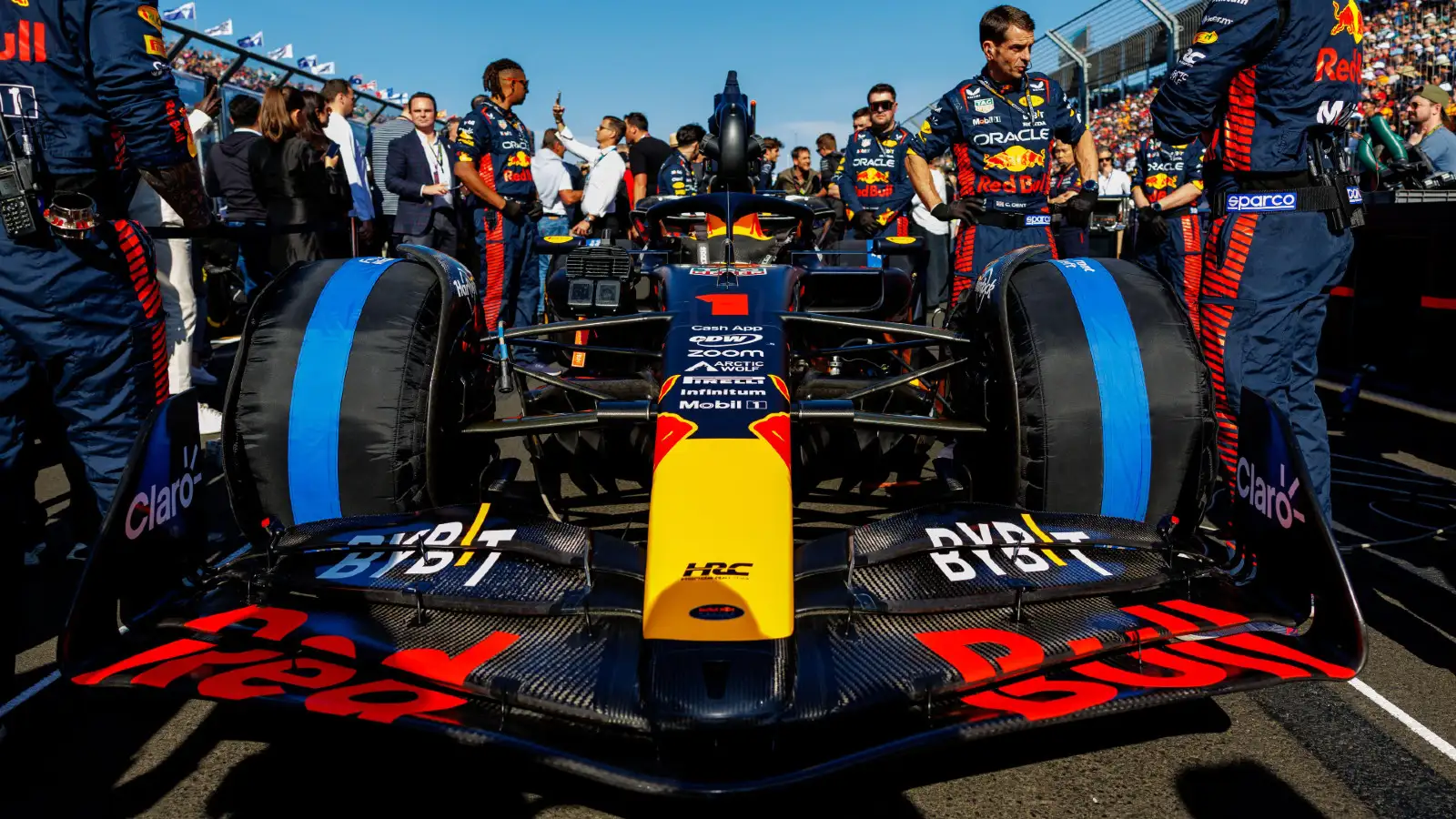 Red Bull driver Max Verstappen parked on the grid at the British Grand Prix. Silverstone, July 2023. tyre blanket.