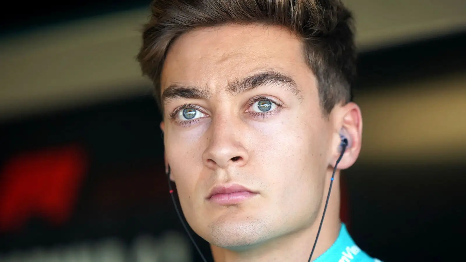 Mercedes driver George Russell looks concerned at the British Grand Prix. Silverstone, July 2023.