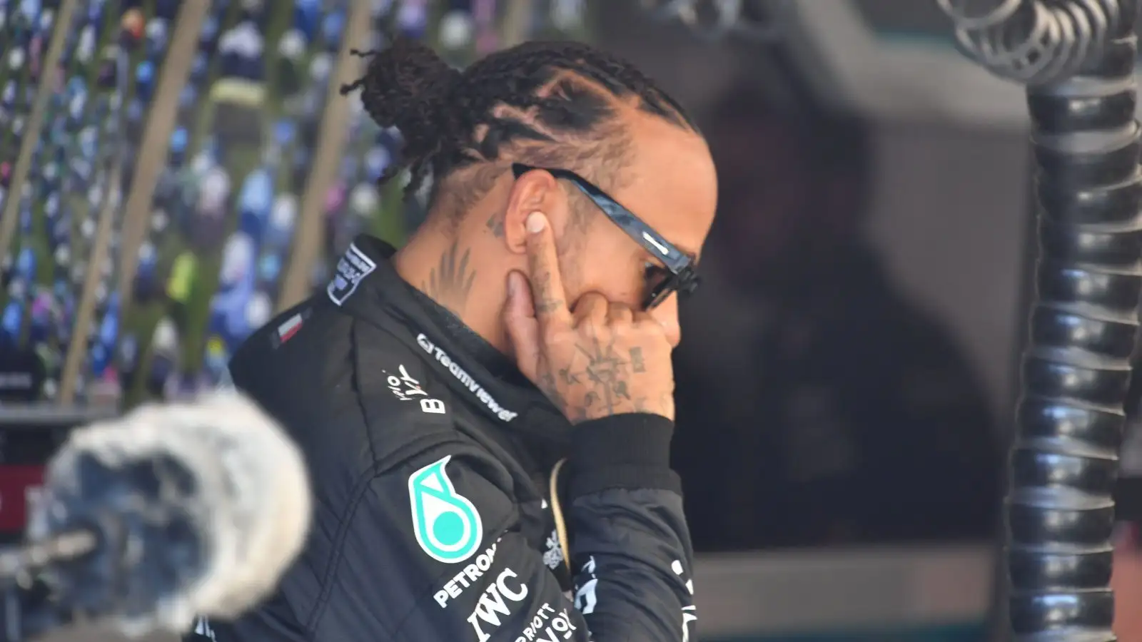 Lewis Hamilton in the Mercedes garage. Britain July 2023