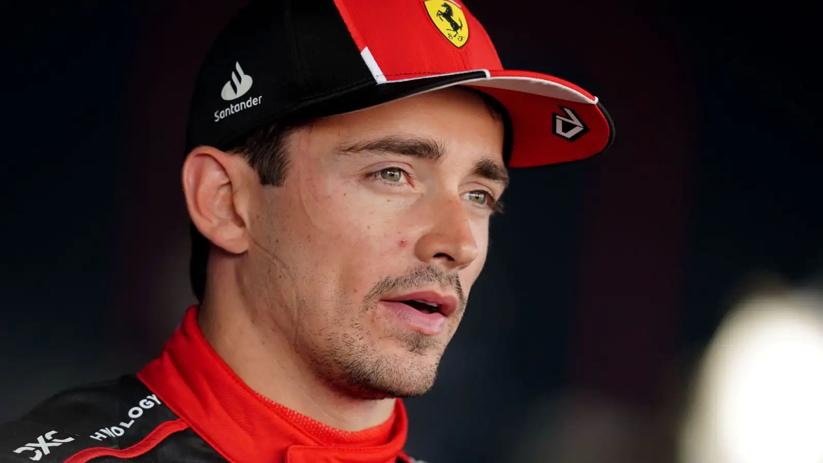 Charles Leclerc, Ferrari, speaks to media.