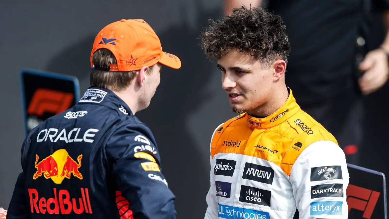 Max Verstappen speaking with Lando Norris after qualifying. Britain July 2023