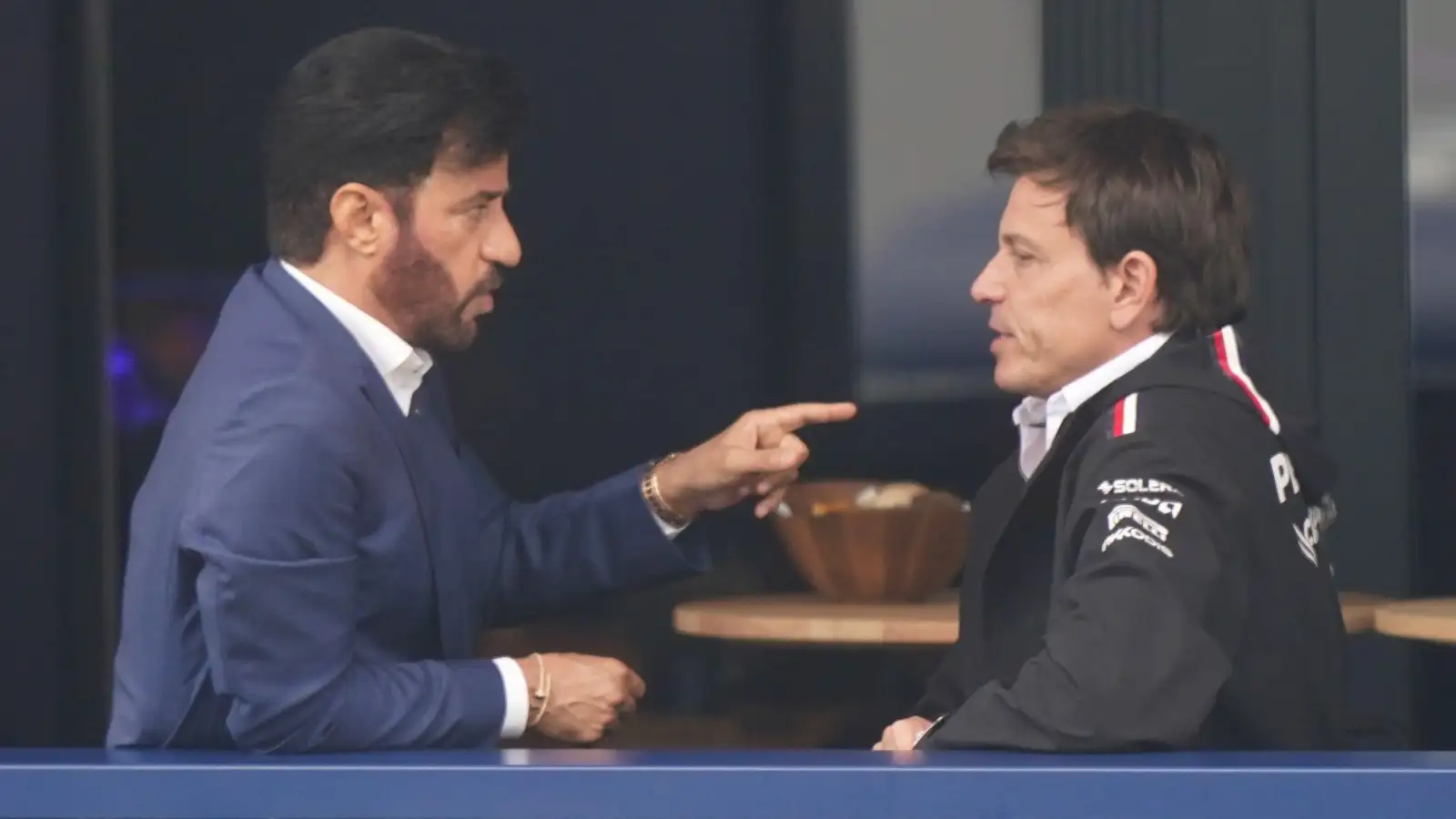 Mohammed Ben Sulayem speaking with Toto Wolff. Silverstone, July 2023.