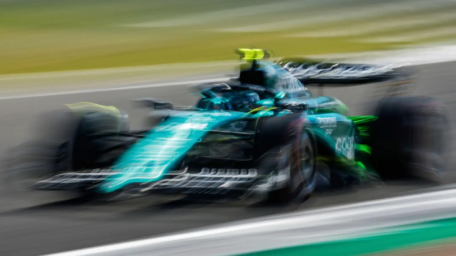 Aston Martin driver Fernando Alonso on track at the British Grand Prix. Silverstone, July 2023.