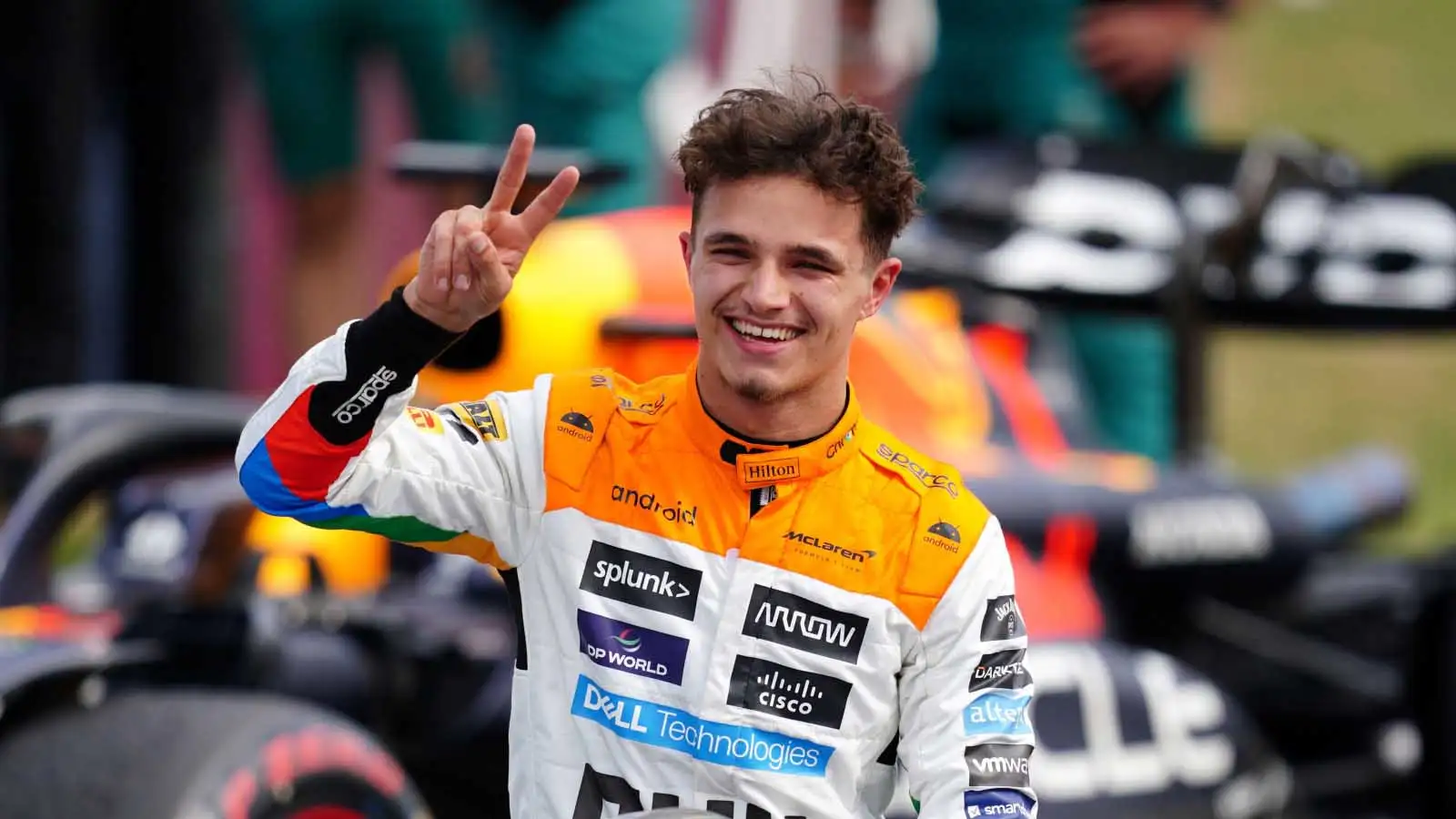 Lando Norris celebrates his P2 finish. Silverstone July 2023.