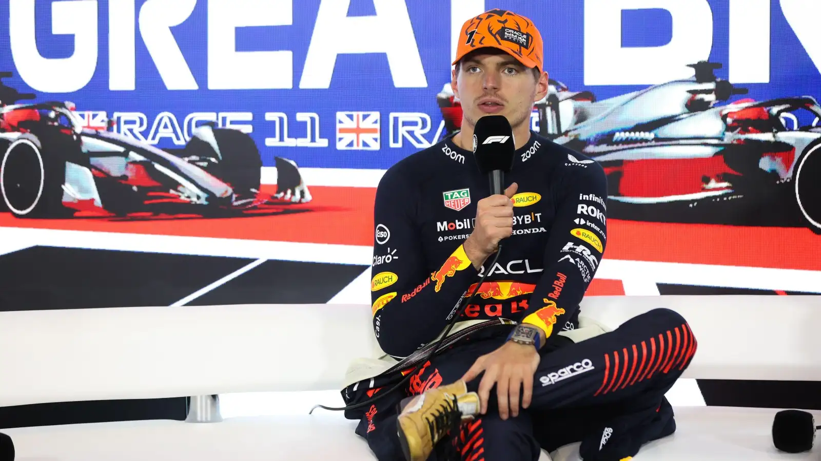 Max Verstappen during a press conference. Silverstone, July 2023
