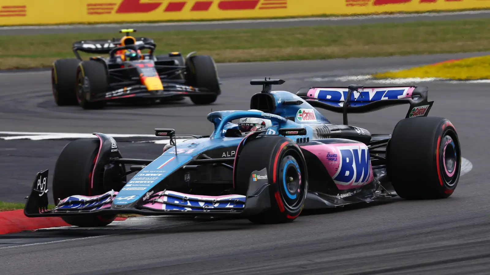 Alpine driver Esteban Ocon racing at the British Grand Prix. Silverstone, July 2023.