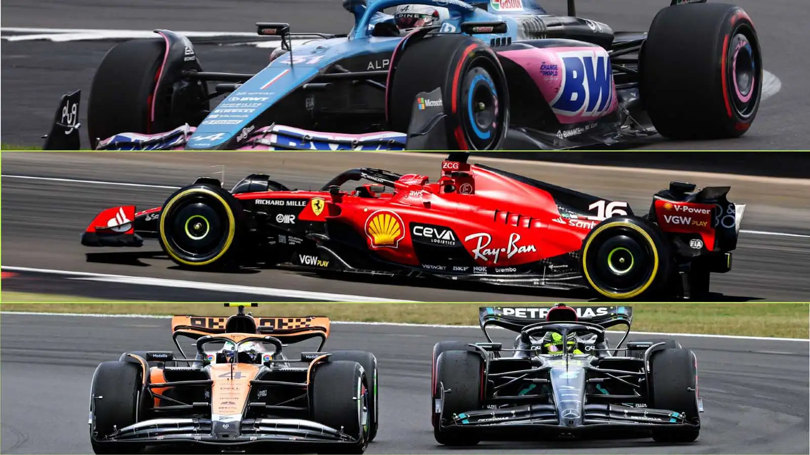 Alpine, Ferrari, McLaren and Mercedes. F1 Silverstone July 2023.