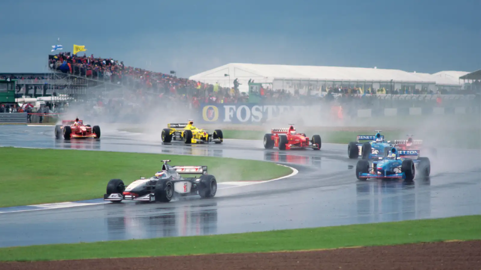 McLaren's Mika Hakkinen leads at the 1998 British Grand Prix. Silverstone, July 1998.