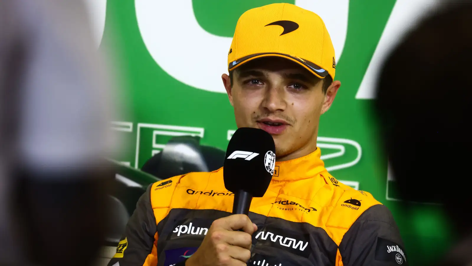 Lando Norris speaking to the media after qualifying. Hungary July 2023