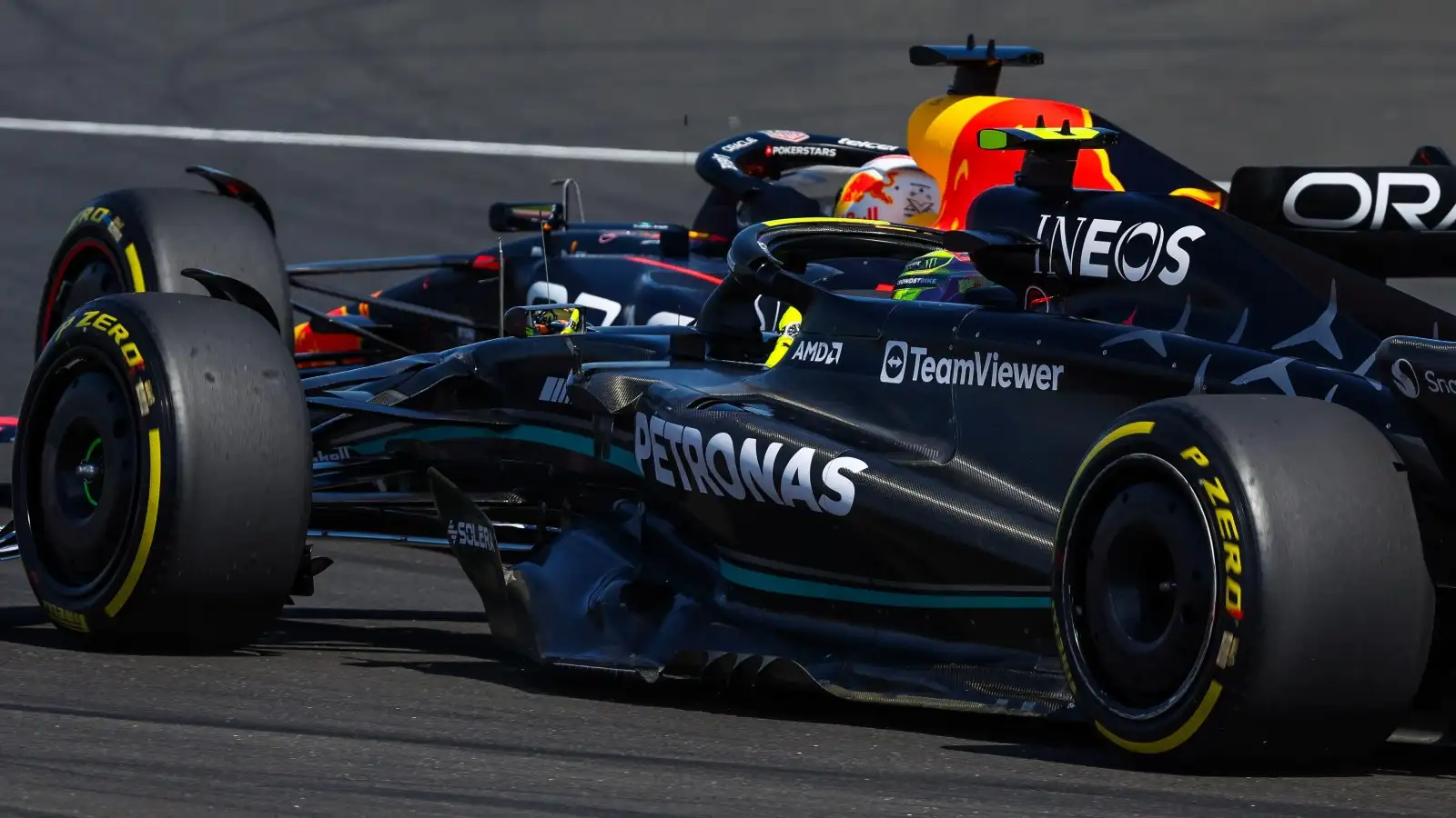 Lewis Hamilton, Mercedes. Max Verstappen, Red Bull, side-by-side. Hungary, July 2023.
