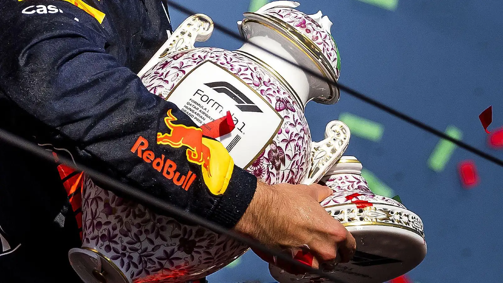 Red Bull's Max Verstappen holds his broken F1 trophy at the Hungarian Grand Prix. Budapest, July 2023.