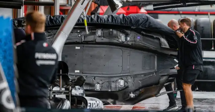 Mercedes' revised floor at Spa being carried in by the mechanics. Belgium July 2023