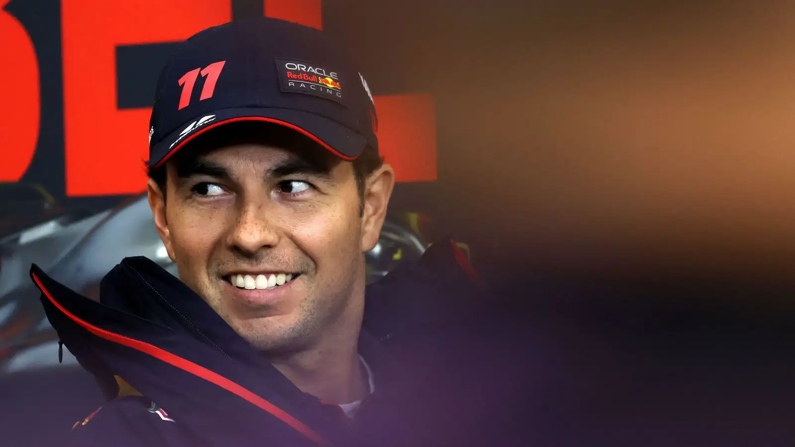 Red Bull driver Sergio Perez smiles during the Drivers' press conference at the Belgian Grand Prix. Spa, July 2023.