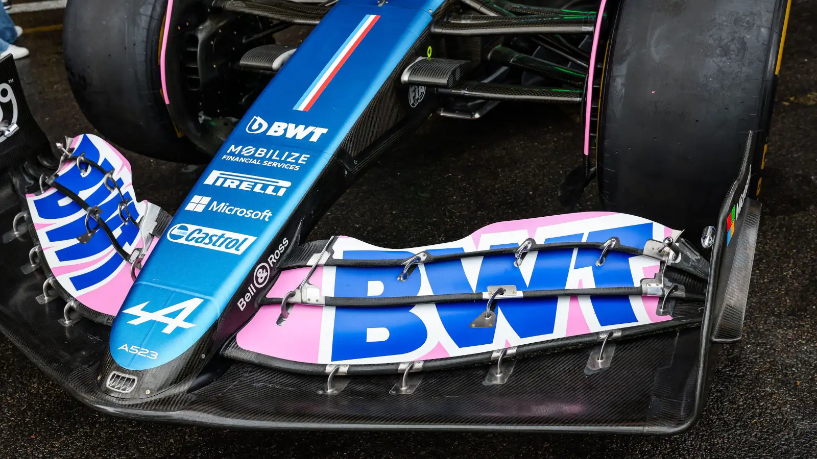Alpine A523 mechanical detail of the front wing. Belgian July 2023