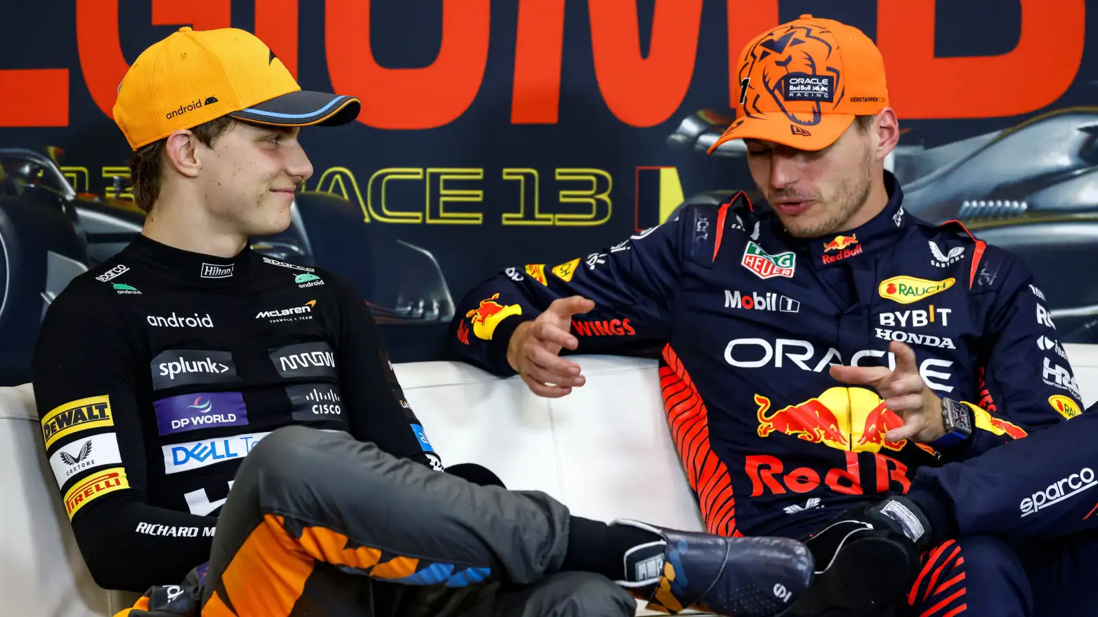 Oscar Piastri on the press conference couch with Max Verstappen. Belgium July 2023