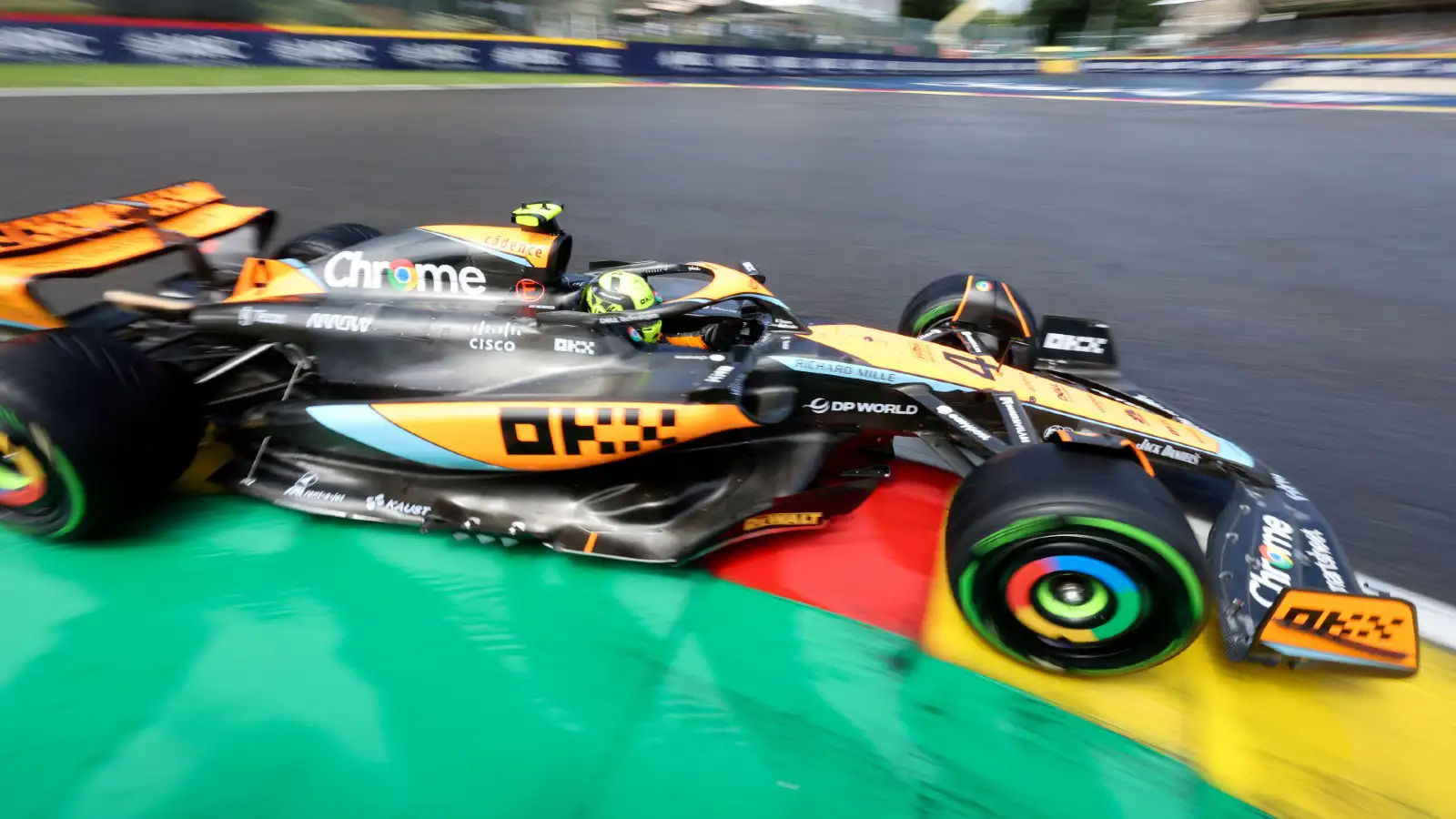McLaren's Lando Norris at the Belgian Grand Prix. Spa-Francorchamps, July 2023.
