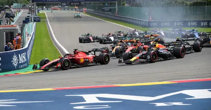 Ferrari's Charles Leclerc leads at the start of the Belgian Grand Prix. Spa-Francorchamps.