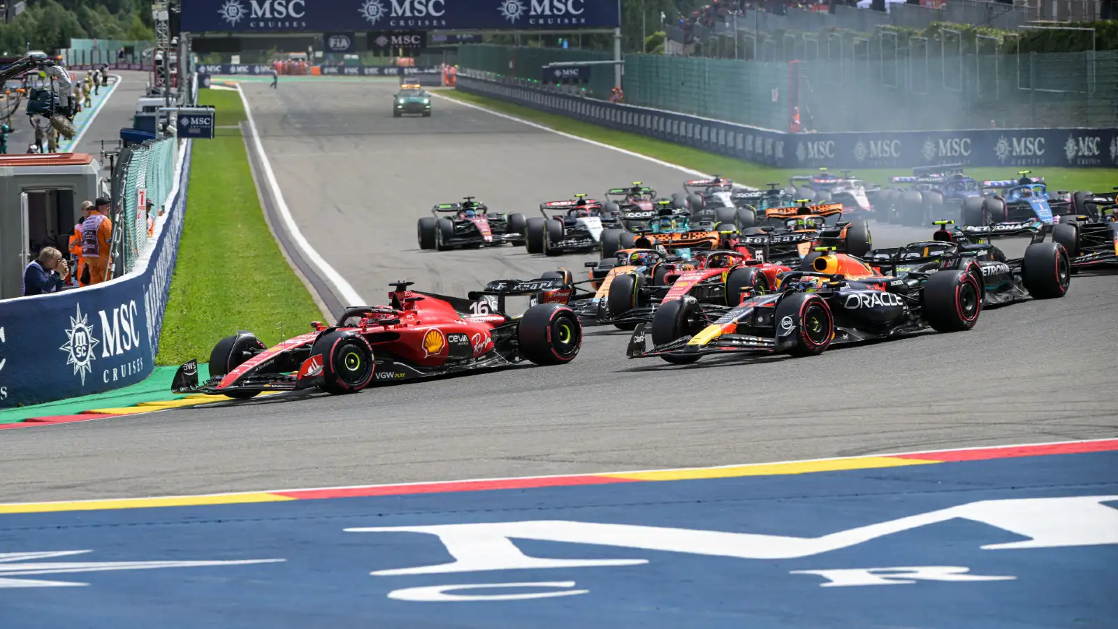 Ferrari's Charles Leclerc leads at the start of the Belgian Grand Prix. Spa-Francorchamps.