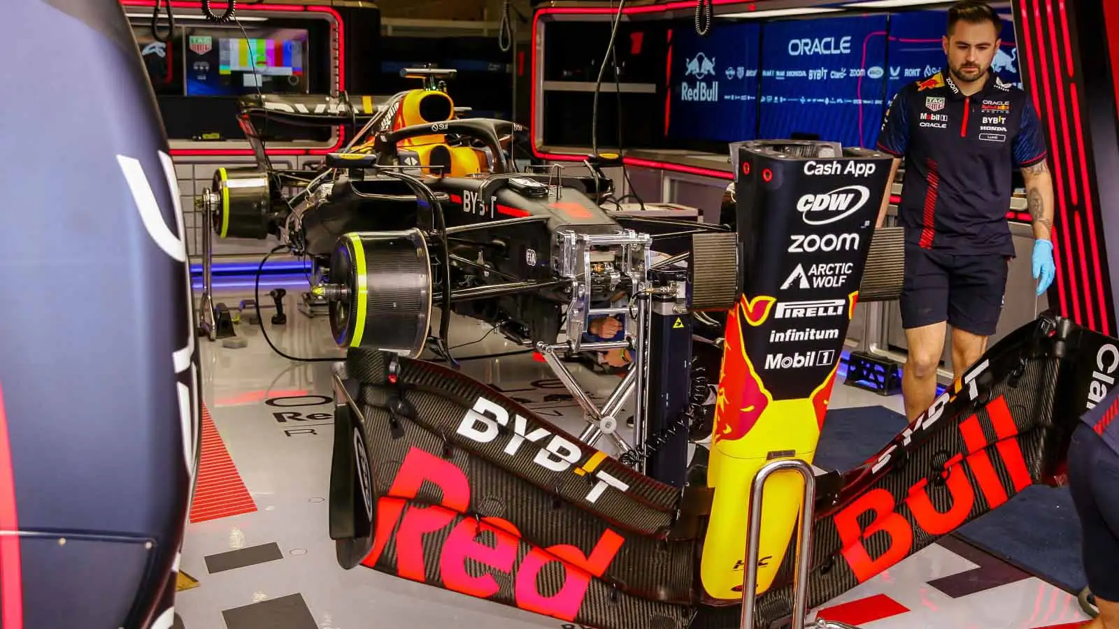 The Red Bull RB19 disassembled in its garage at Spa. Formula 1 car cost