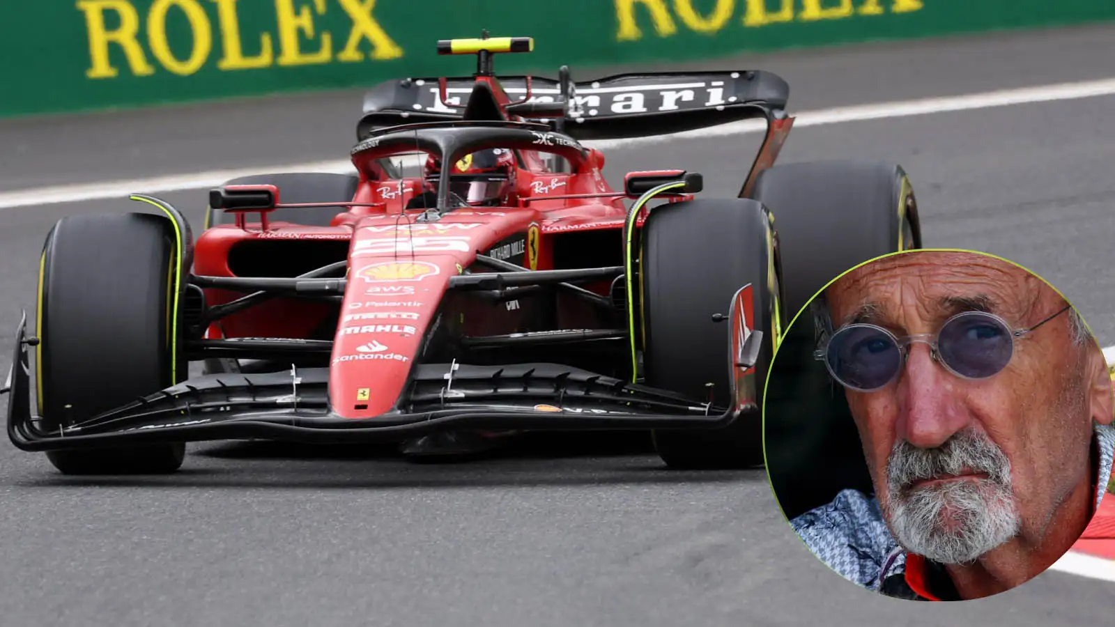 The Ferrari F1 2023 car features alongside Eddie Jordan