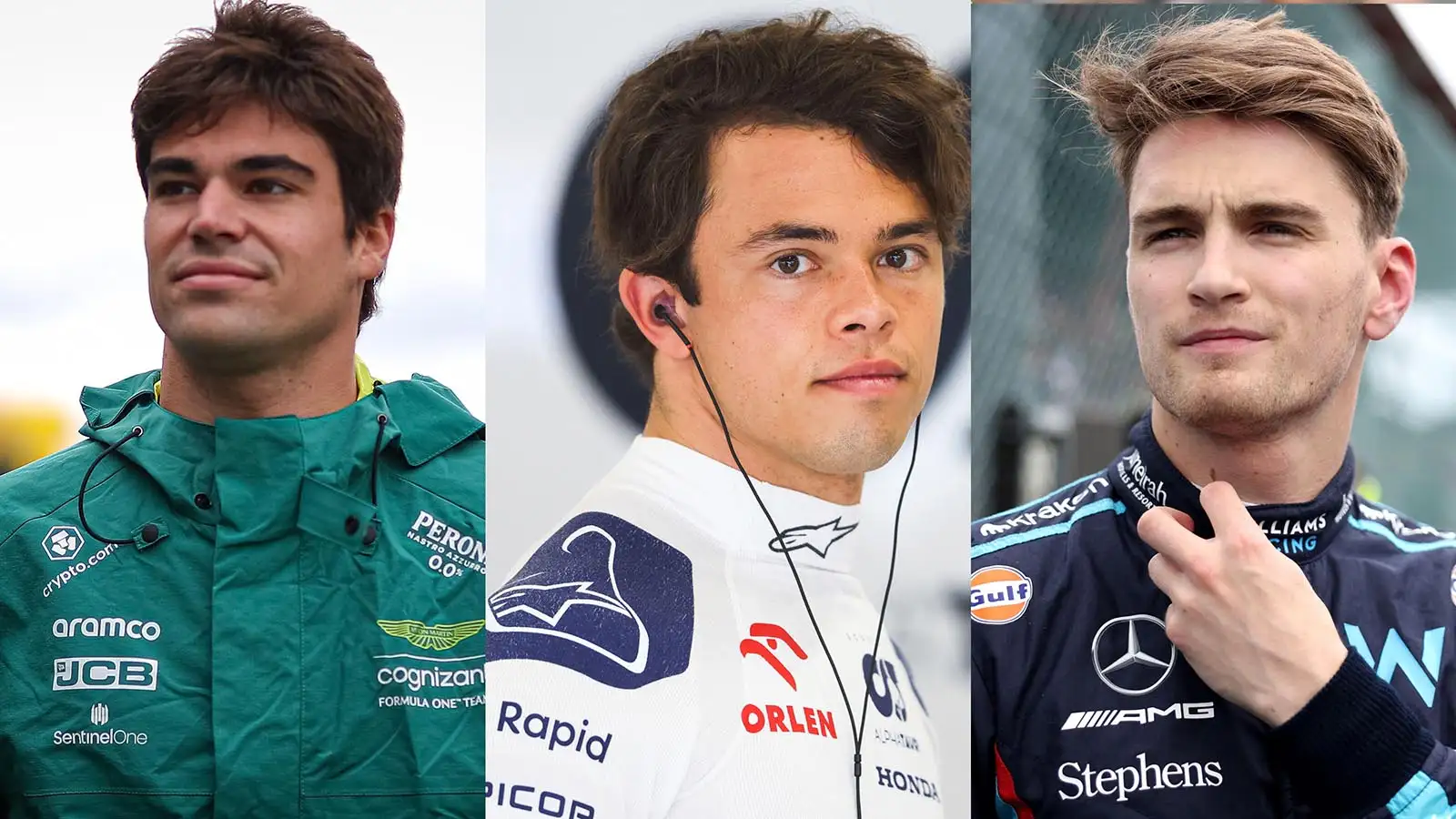 Lance Stroll, Nyck de Vries and Logan Sargeant side by side angles