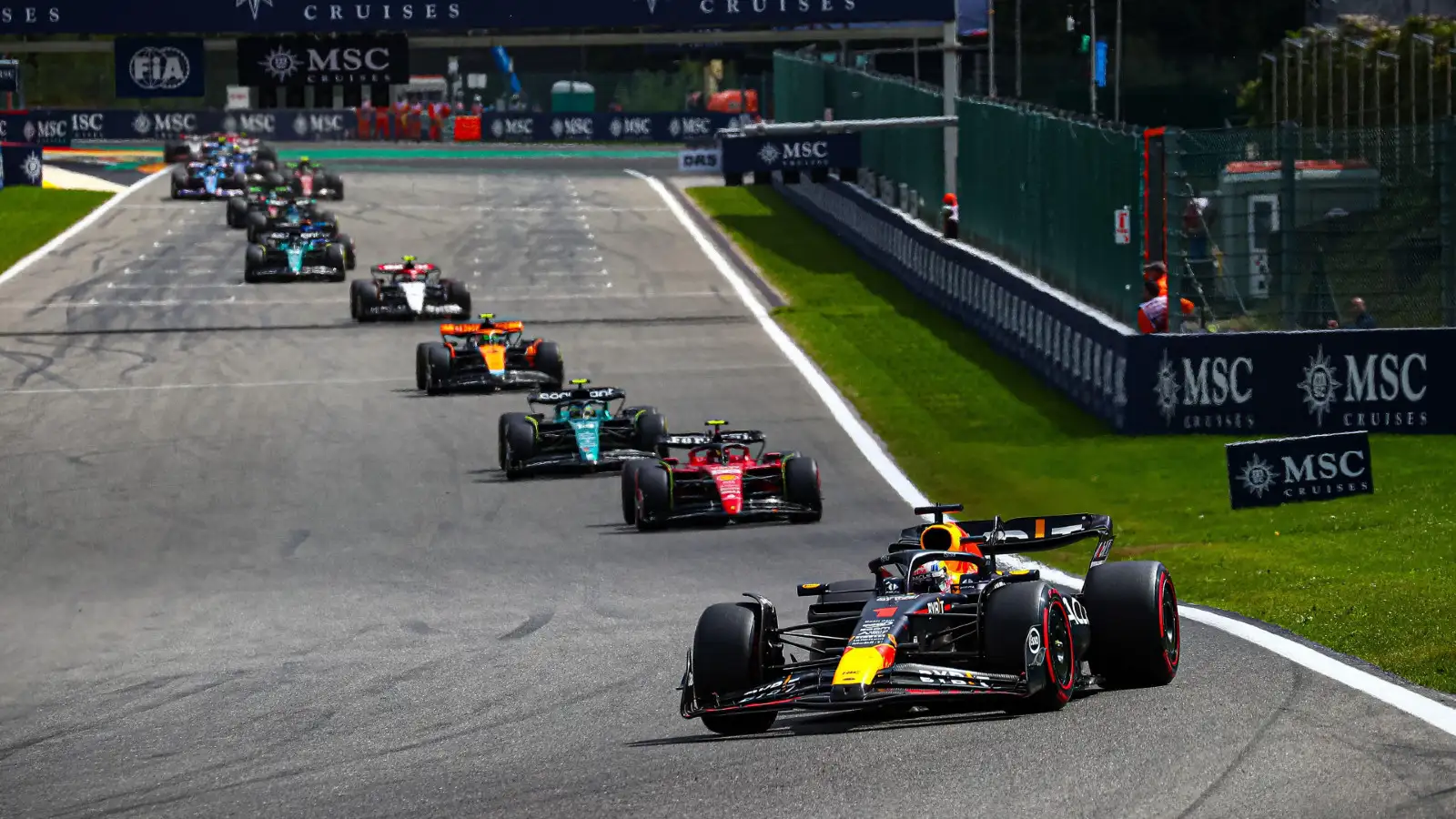 Red Bull driver Max Verstappen leads Ferrari's Charles Leclerc at the Belgian Grand Prix.
