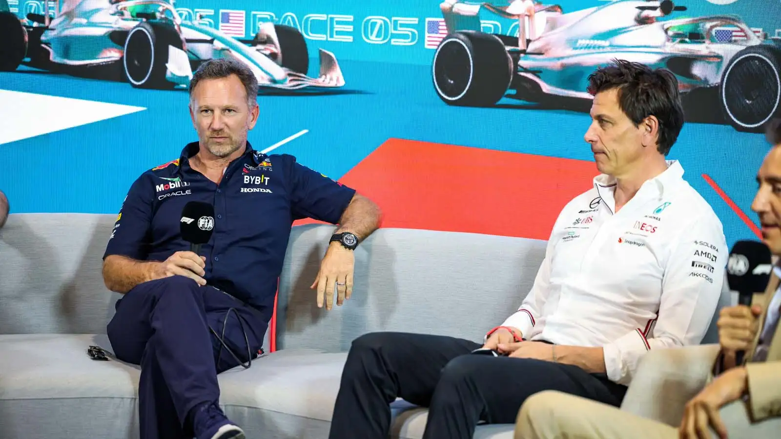 Christian Horner and Toto Wolff sit in the press conference in Miami.