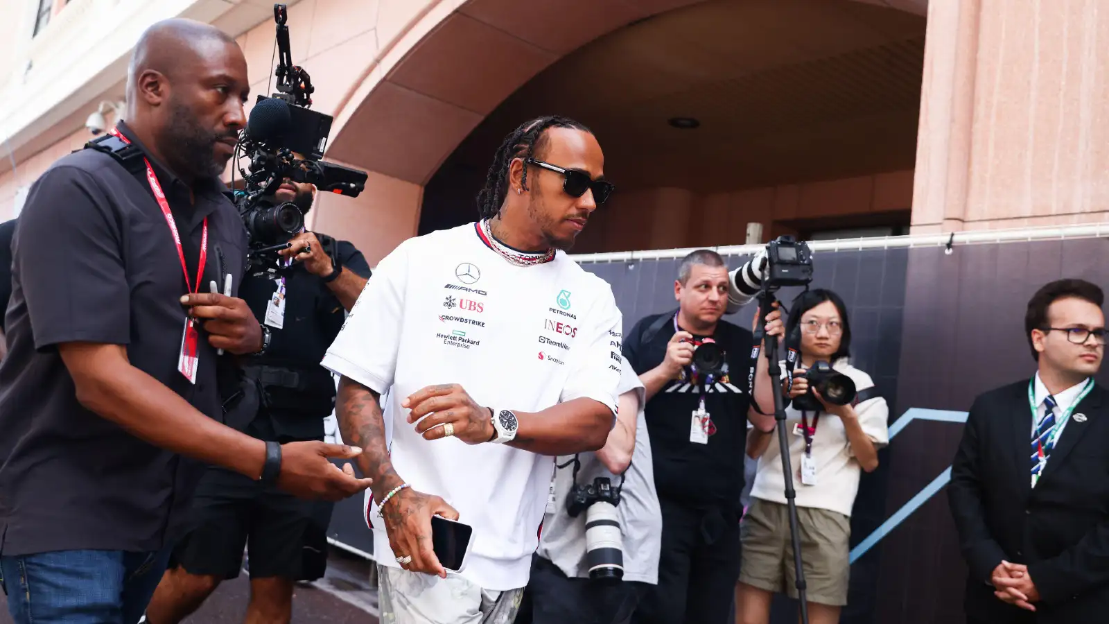 Lewis Hamilton, Mercedes F1 driver, in the paddock at the 2023 Monaco Grand Prix.