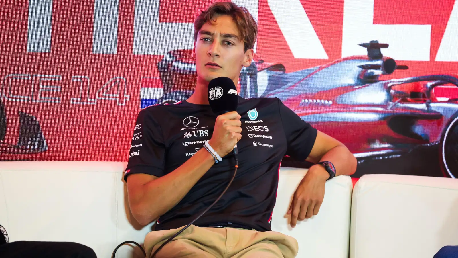 George Russell speaks in the press conference at the 2023 Dutch Grand Prix.