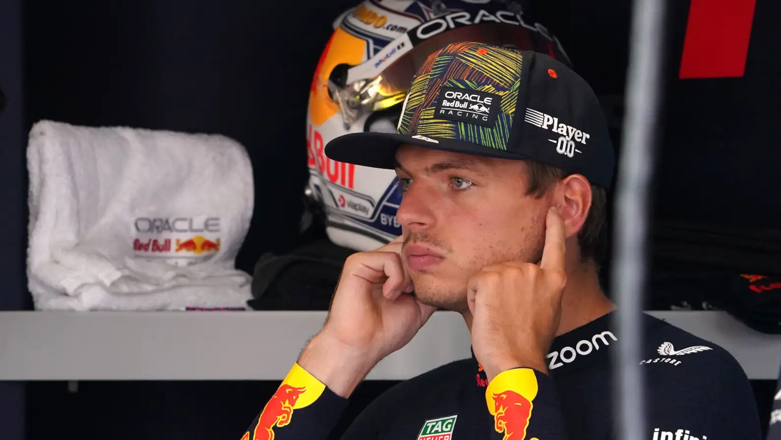 Max Verstappen looking serious in Red Bull's garage at the Dutch GP.