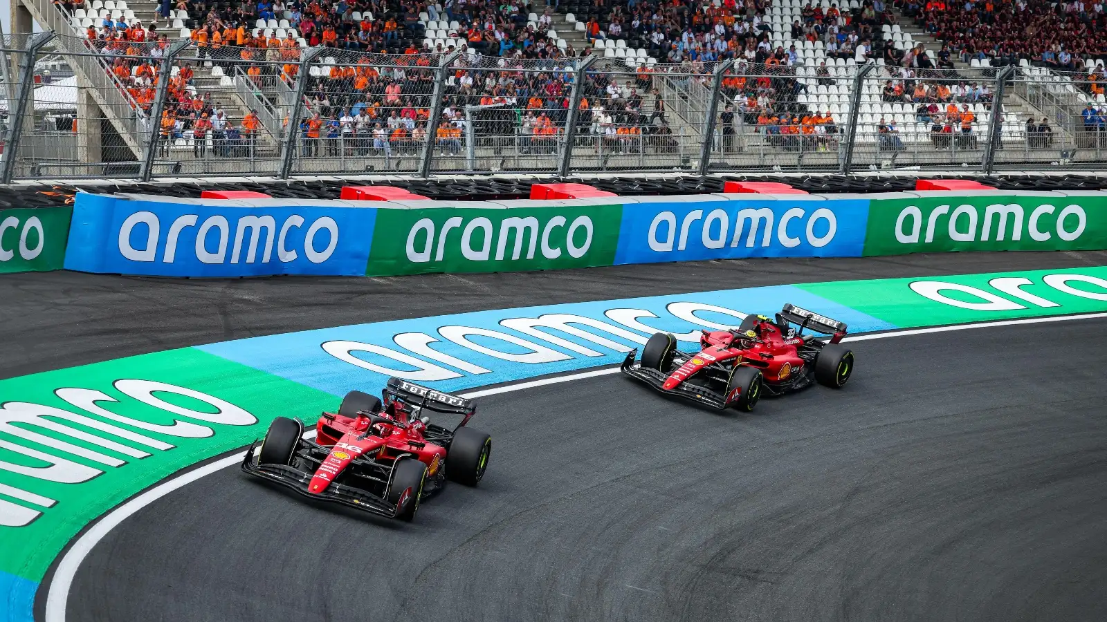 The Ferrari cars on the Zandvoort bank. F1 starting grid