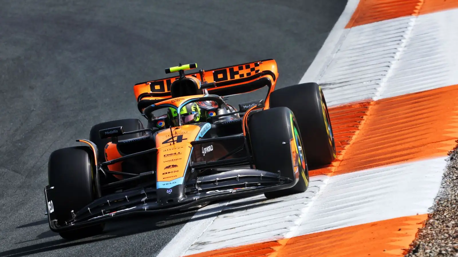 Lando Norris (McLaren) rounds the last corner in Dutch Grand Prix practice at Zandvoort.