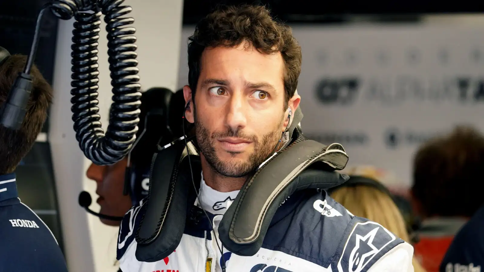 Daniel Ricciardo pictured in his AlphaTauri garage at the Dutch Grand Prix in Zandvoort.