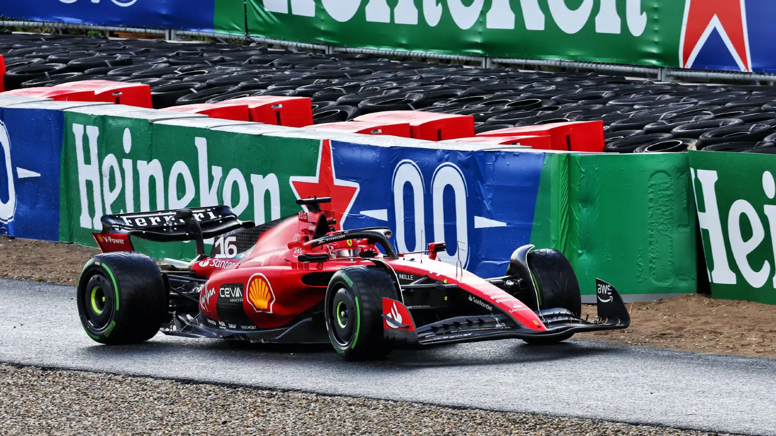 Charles Leclerc, Ferrari F1 driver, goes off track at Zandvoort during the Dutch Grand Prix weekend.