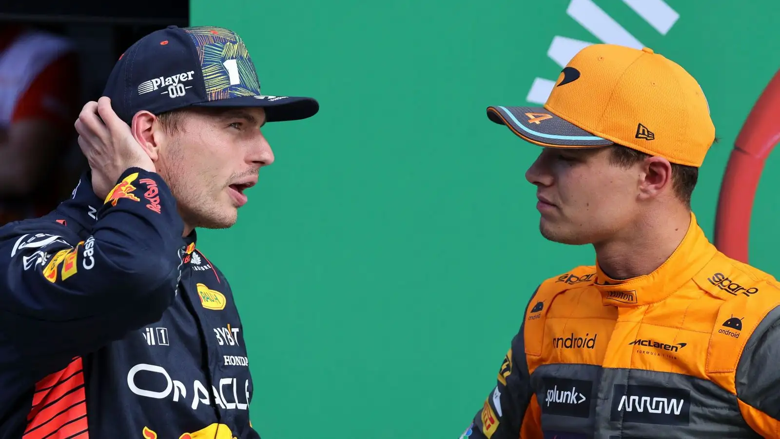 Max Verstappen (Red Bull) in conversation with Lando Norris (McLaren) after Dutch Grand Prix qualifying at Zandvoort.